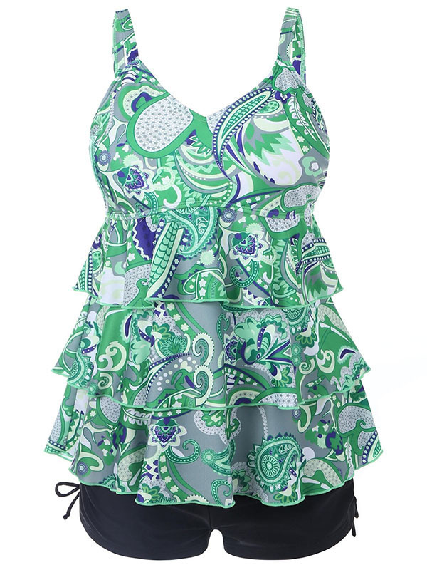 Green Women Plus Size Flounce Printed Boyshort Tankini Swimwear