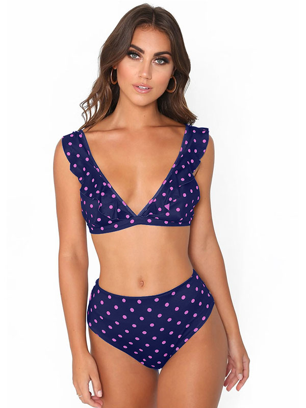 Purple V-Neck Swimwear Dot Print High Waist Bikini Set 