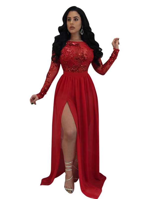 Sexy Long Sleeve Floral Lace Split Maxi Dress Red