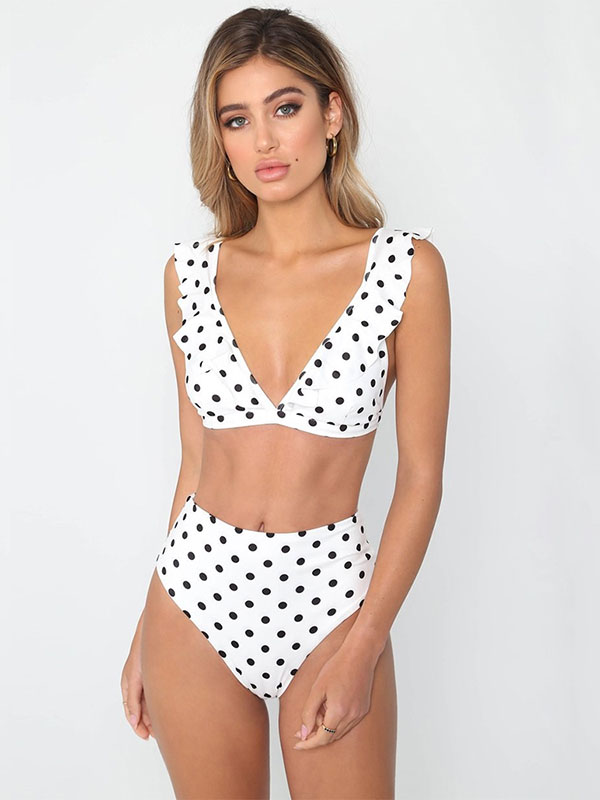 White V-Neck Swimwear Dot Print High Waist Bikini Set 