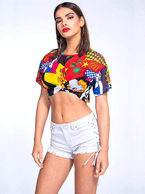 Women Colorful Mesh Character Printed Bare Midriff T-Shirt 
