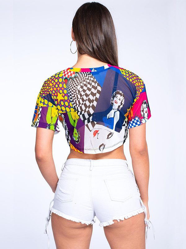 Women Colorful Mesh Character Printed Bare Midriff T-Shirt 