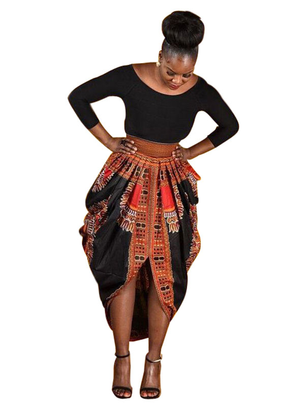 Women Retro Africa Pattern Long Sleeve Midi Dress