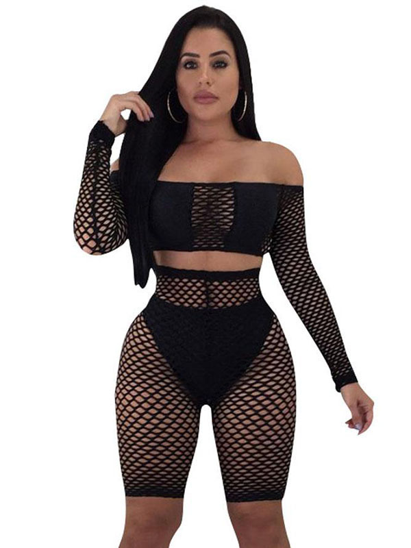 Women See Through Off The Shoulder Two Piece Jumpsuit Black