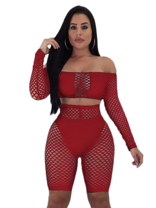 Women See Through Off The Shoulder Two Piece Jumpsuit Red