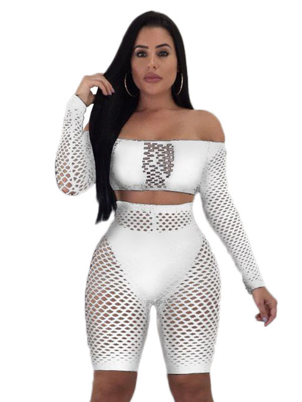 Women See Through Off The Shoulder Two Piece Jumpsuit White