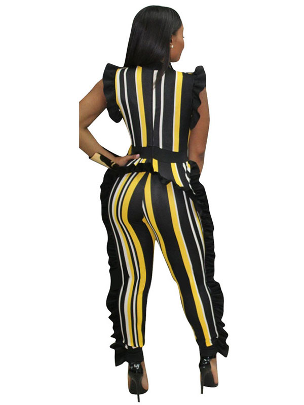 Yellow Sleeveless Ruffle Side Striped Jumpsuit Women