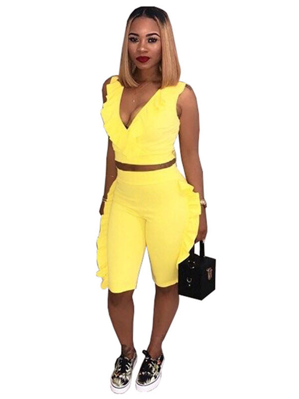 Yellow Women Deep V Neck Sleeveless Ear Side Strap Shorts Suit 