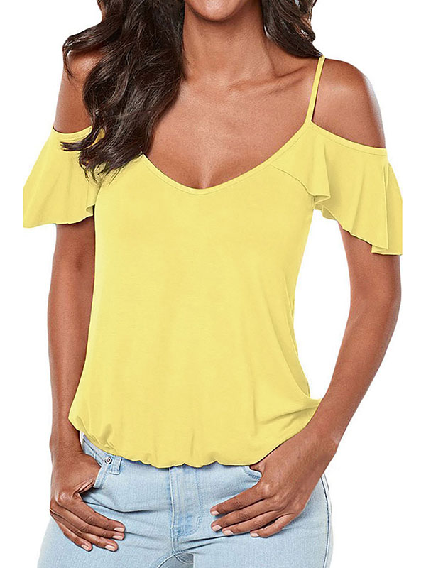 Yellow Womens Casual Cut Out Cold Shoulder Ruffle Shirt Tee Blouse