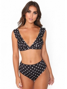 Black V-Neck Swimwear Dot Print High Waist Bikini Set 