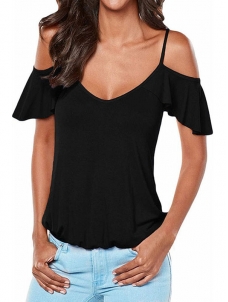 Black Womens Casual Cut Out Cold Shoulder Ruffle Shirt Tee Blouse