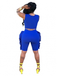 Blue Women Deep V Neck Sleeveless Ear Side Strap Shorts Suit 