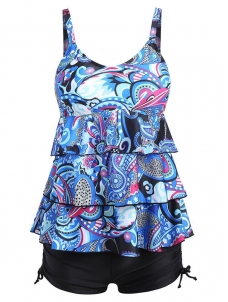 Blue Women Plus Size Flounce Printed Boyshort Tankini Swimwear