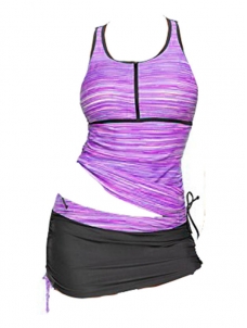 Dark Purple Sleeveless Striped Top With Skirt Bikini Bottom Swimwear 