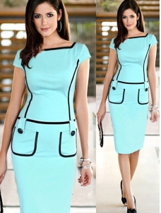 Elegant Women Tight Short Sleeve Midi Dress Light Blue
