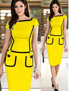 Elegant Women Tight Short Sleeve Midi Dress Yellow 