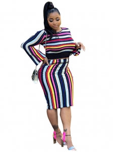 Fashion Striped Long Sleeve And Mini Dress Two Piece Suits