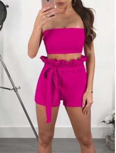 Fashion Summer Solid Lace-up Two Piece Suit Rose