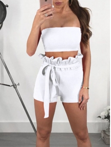 Fashion Summer Solid Lace-up Two Piece Suit White
