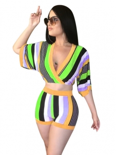 Fashion Women Deep V-neck Striped Two Piece Suit Green