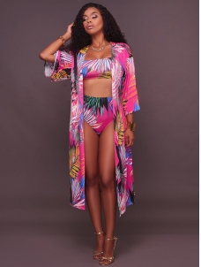 Floral Print Bandeau Short Sleeve High Waist Bikini Swimsuit