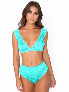 Green V-Neck Swimwear Dot Print High Waist Bikini Set 