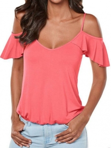 Pink Womens Casual Cut Out Cold Shoulder Ruffle Shirt Tee Blouse