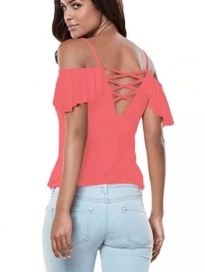 Pink Womens Casual Cut Out Cold Shoulder Ruffle Shirt Tee Blouse
