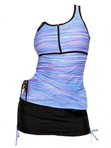 Purple 2Pcs Sleeveless Striped Top With Skirt Bikini Bottom Swimwear 