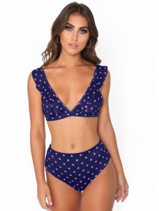 Purple V-Neck Swimwear Dot Print High Waist Bikini Set 