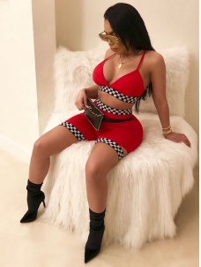 Red Sexy V Neck Plaids Printed Two Piece Shorts Set