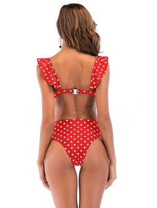 Red V-Neck Swimwear Dot Print High Waist Bikini Set 