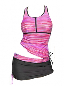Rose 2Pcs Sleeveless Striped Top With Skirt Bikini Bottom Swimwear 