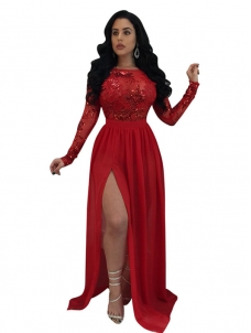 Sexy Long Sleeve Floral Lace Split Maxi Dress Red