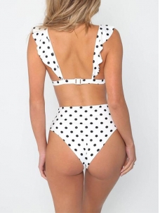 White V-Neck Swimwear Dot Print High Waist Bikini Set 
