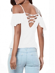 White Womens Casual Cut Out Cold Shoulder Ruffle Shirt Tee Blouse