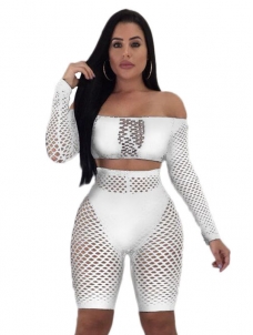 Women See Through Off The Shoulder Two Piece Jumpsuit White