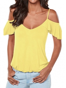 Yellow Womens Casual Cut Out Cold Shoulder Ruffle Shirt Tee Blouse