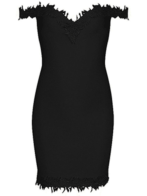 Elegant Solid Lace Bandage Dress Black