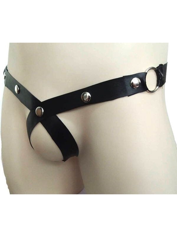 Men Leather Rivet Crotchless Thong