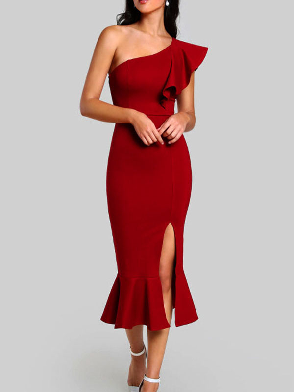 One Shoulder Sexy Midi Bandage Dresses Red