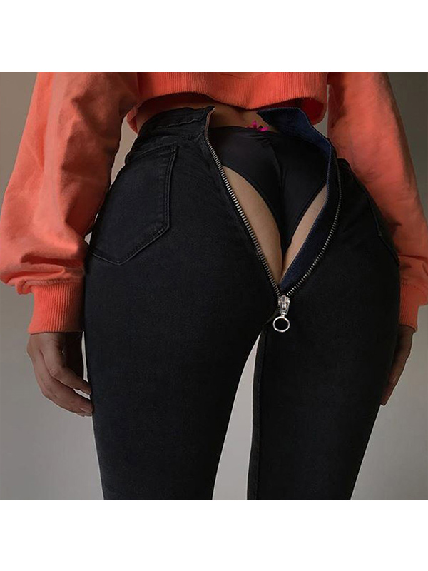 Sexy Zipper Front High Waist Denim