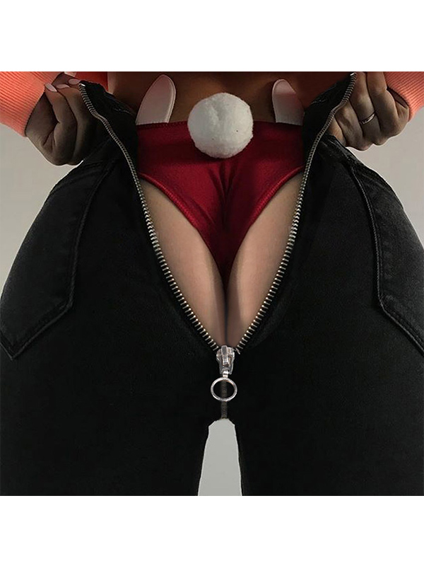 Sexy Zipper Front High Waist Denim