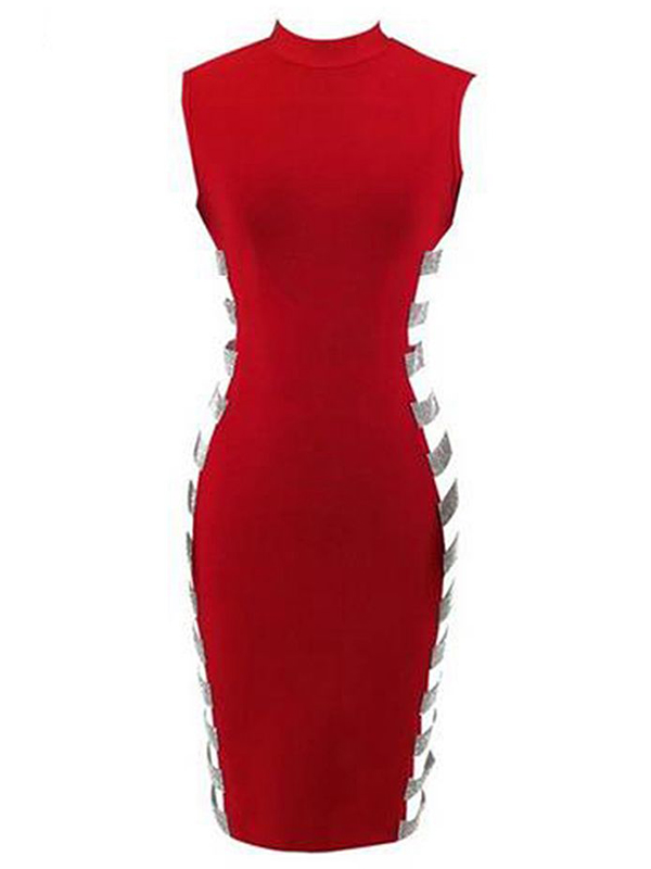 Side Hollow Out Sequin Midi Dress Red