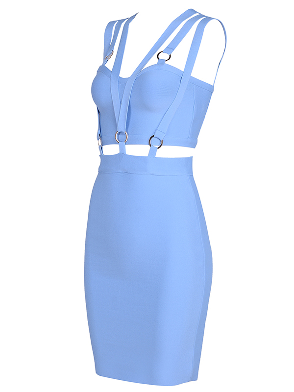 Summer Slim Backless Sleeveless Bandage Dress Blue