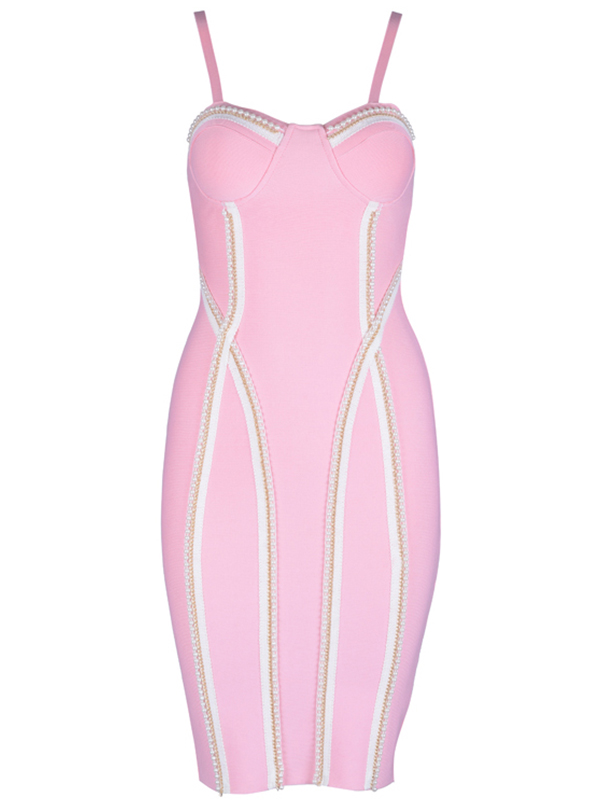 Women Bead Chain Sleeveless Bandage Dress Pink
