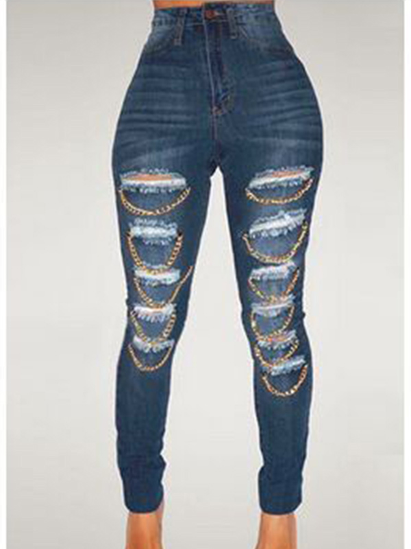 Women Hole Chain  Jeans with Pocket
