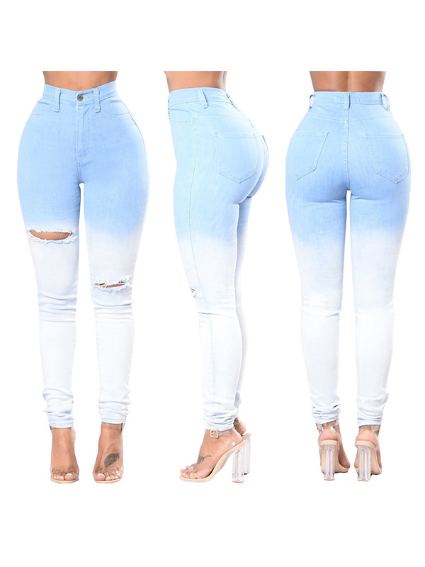 Women Holes Gradient Design Denim Jeans