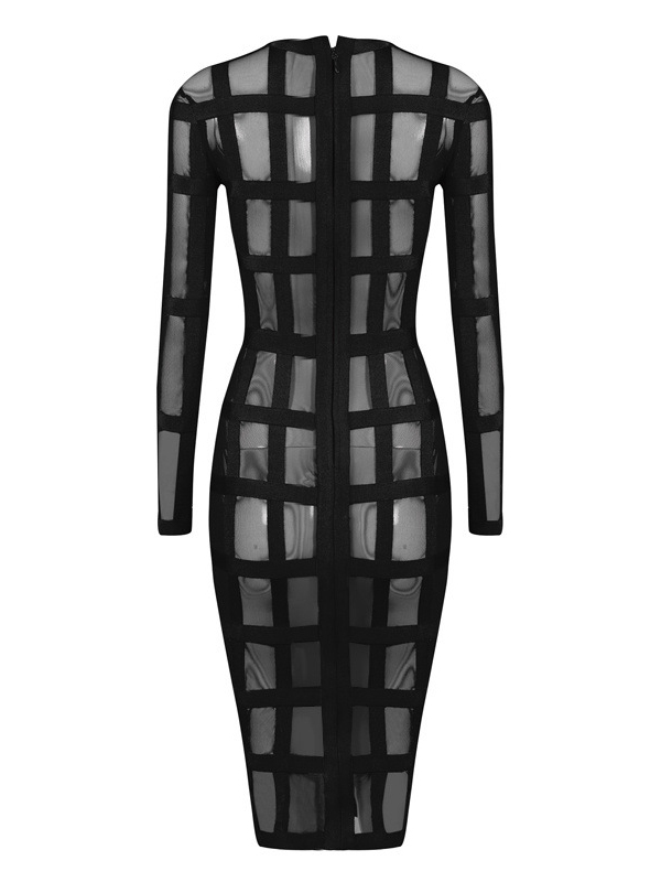 See Through Long Sleeve Zipper Midi Dress Black