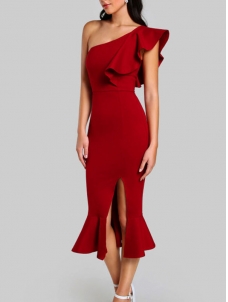 One Shoulder Sexy Midi Bandage Dresses Red